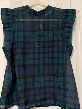 LOFT Teal and Navy Plaid Ruffle Sleeve Blouse